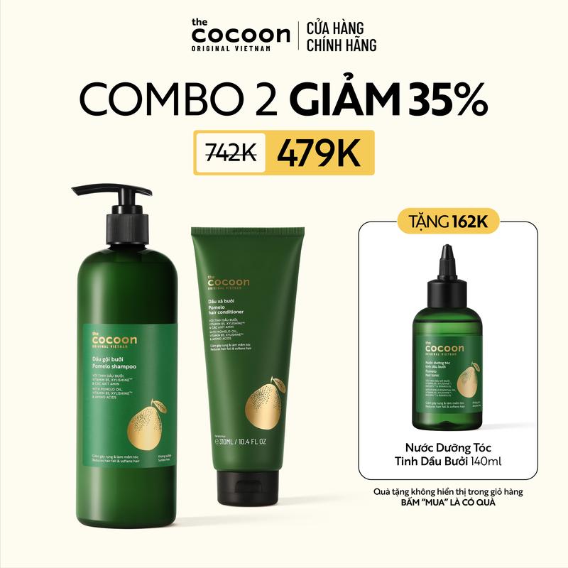   COMBO MUA 2 NHẬN 3  Combo 1 Bigsize Dầu gội bưởi Cocoon giúp giảm gãy rụng và làm mềm tóc 500ml + 1 Dầu xả bưởi 310ml Tặng 1 Nước dưỡng tóc bưởi 140ml 