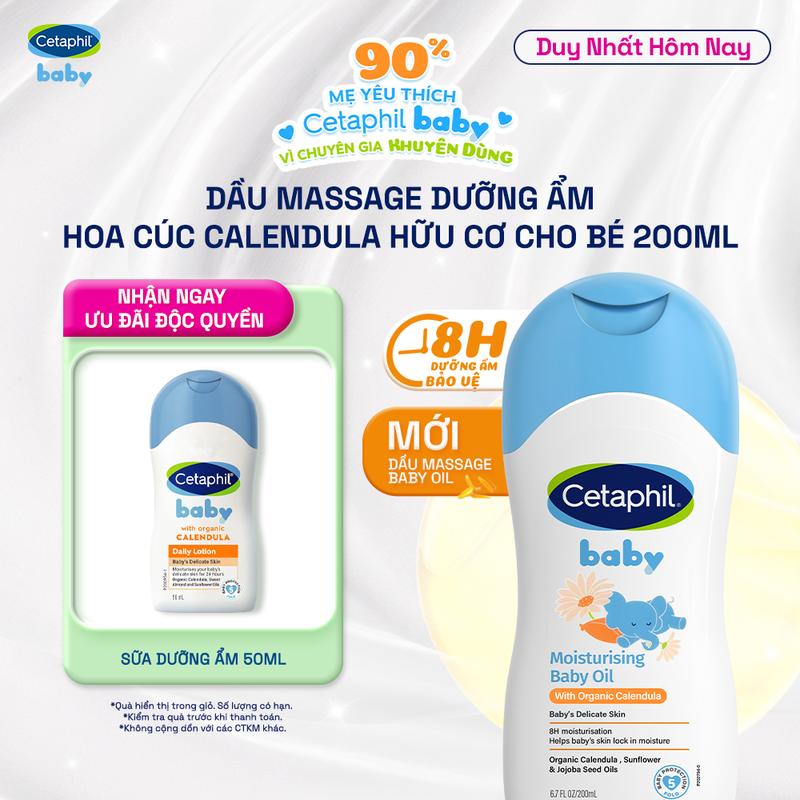 Dầu massage dưỡng ẩm làm dịu da bé với hoa cúc Calendula Hữu Cơ Cetaphil Baby Moisturising Baby Oil 200ml