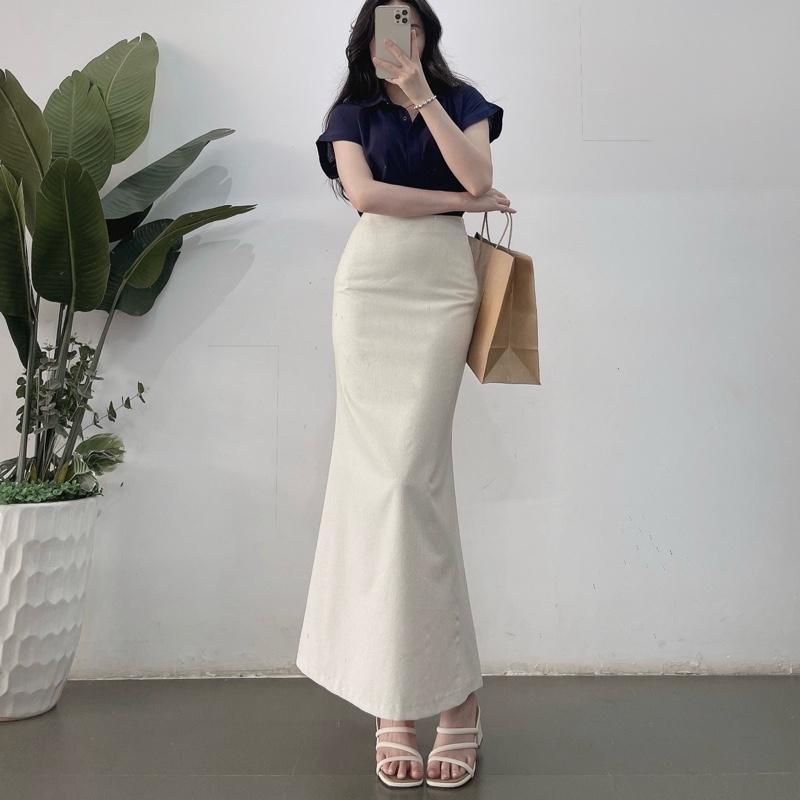 Chân váy linen 2 lớp sẻ sau dáng dài đuôi cá nhẹ, thiết kế nhà Lo.xo’s House, hình ảnh chính chủ