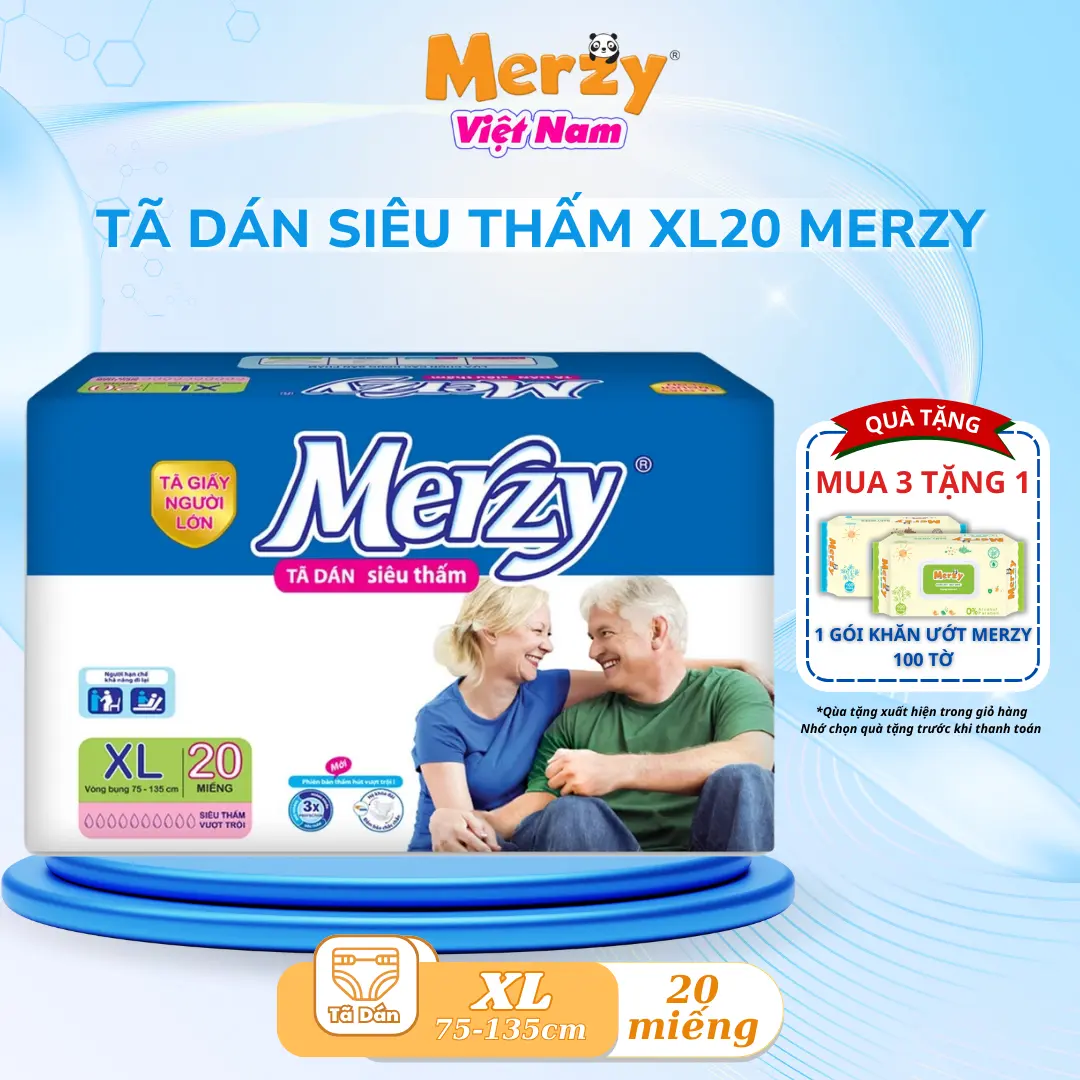 Tã Dán Người Già Merzy - Siêu Thấm Hút, Khô Thoáng Size XL 20 Miếng [ MUA 3 TẶNG 1 KHĂN ƯỚT 100T ]