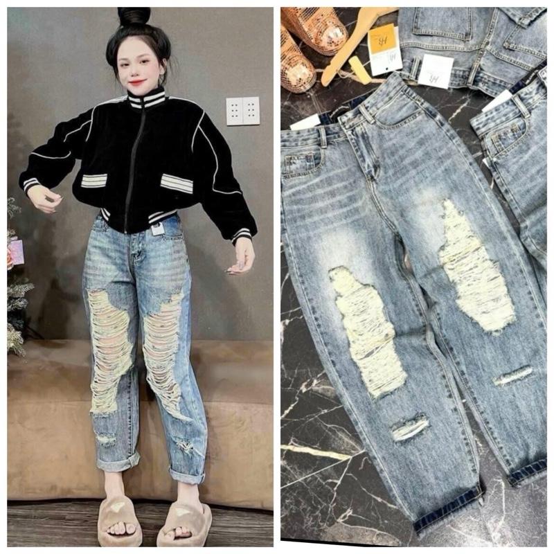 Từ 57kg-88kg Quần Baggy Nữ Rách Thời Trang Màu Xanh Đậm Xanh Nhạt Lưng Cao Không Co Giãn Women Pants Jean