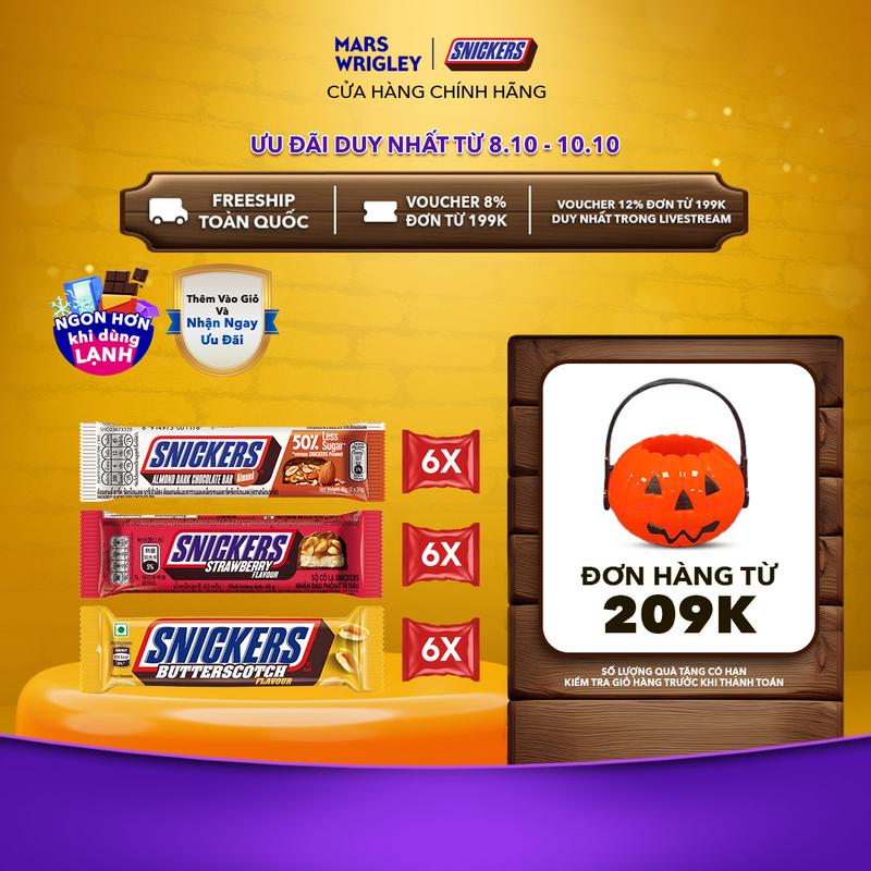 [ĐỘC QUYỀN] Combo 18 Thanh Socola Snickers mix vị - 6 thanh vị bơ caramel, 6 thanh vị dâu và 6 thanh vị hạnh nhân ít đường