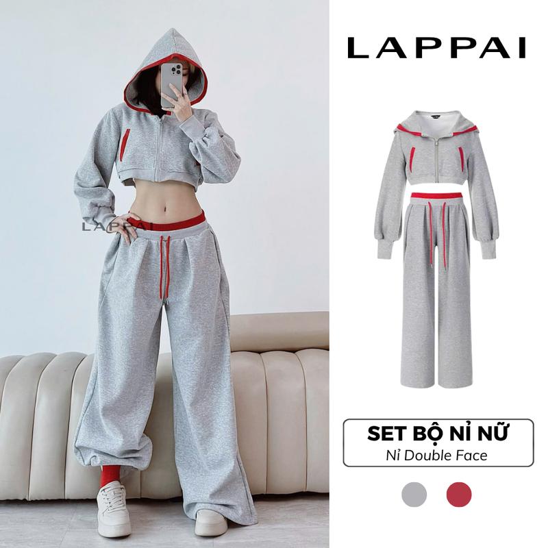 LAPPAI - Set Bộ Nỉ Nữ Xám Phối Đỏ Streetwear Áo Khoác Croptop Phối Quần Ống Rộng Cạp Trễ Y2K Top Women H67