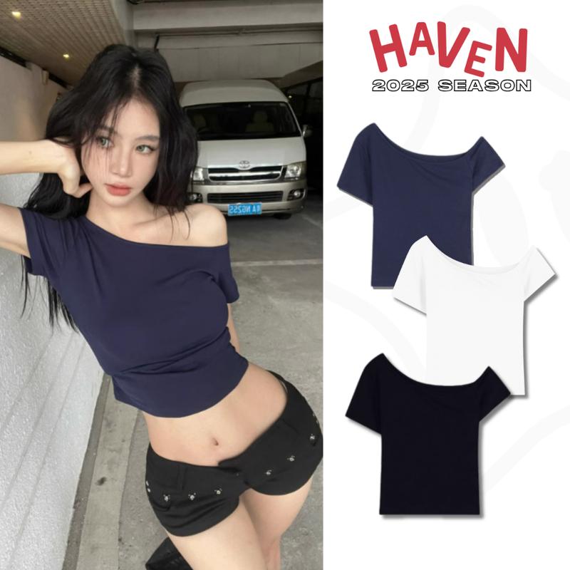 Áo croptop trễ vai nữ Haven Studio basic chất cotton mát màu đen xanh Women lệch Dáng Ngắn