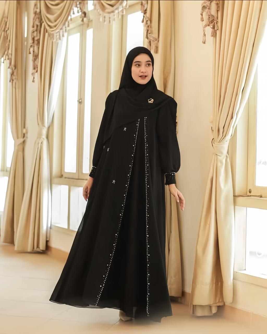 Suci dress abaya wanita terbaru bahan ceruty babydoll full puring aplikasi payet mutiara gamis abaya hitam polos simple elegant mewah ukuran jumbo fit L-XL