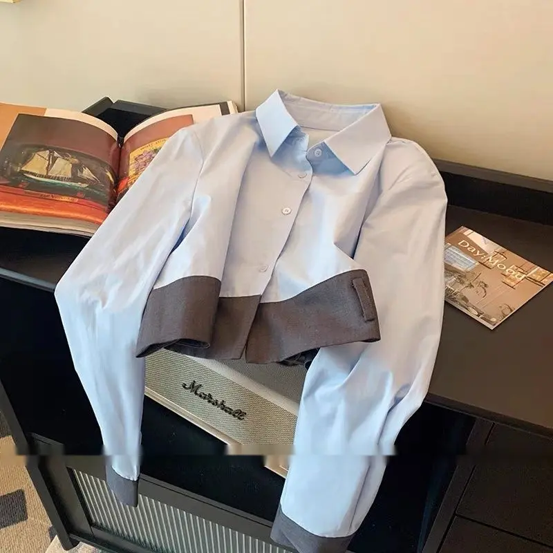 Áo Sơ Mi Nữ, Ve Áo Ngắn, Thiết Kế Chắp Vá Màu Tương Phản, Dễ Phối Đồ, Hàng Mới Về 2023, Thời Trang Thường Ngày Cạp Cao, Áo Sơ Mi Định Hình