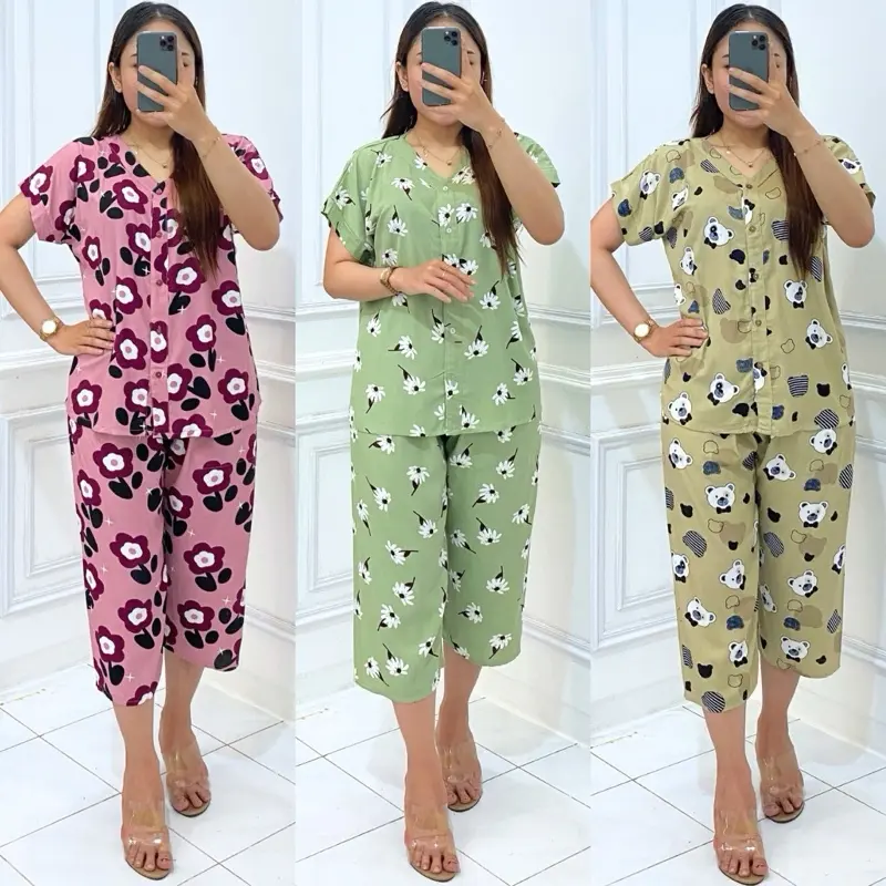 PIYAMA RAYON 7/8 | SETELAN CELANA 7/8 | SET BAJU TIDUR | PAJAMAS FULL KANCING Kerah Vneck Wanita Pendek