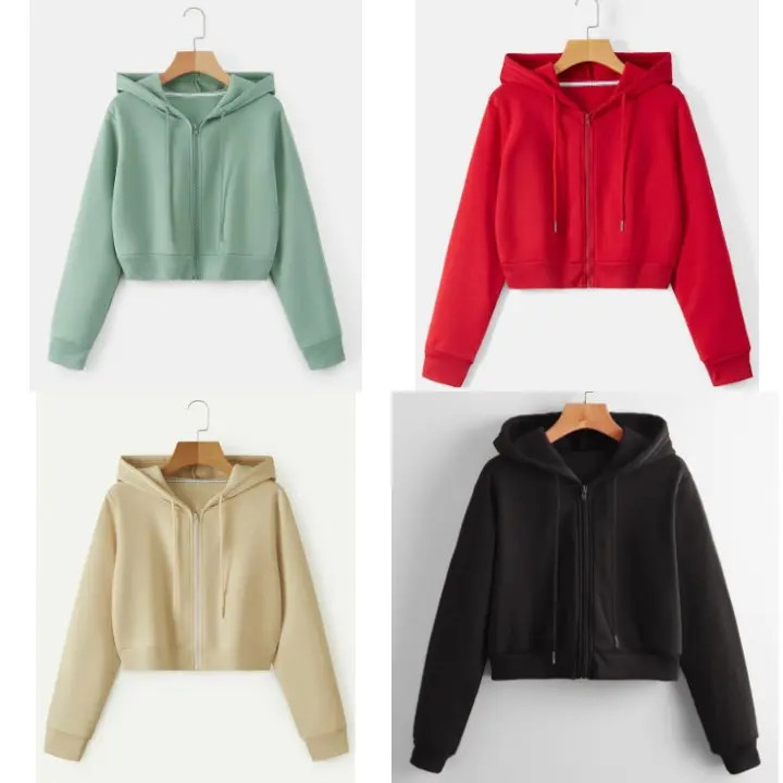 SWEATER CROP ZIPPER HOODIE WANITA FLEECE LEMBUT