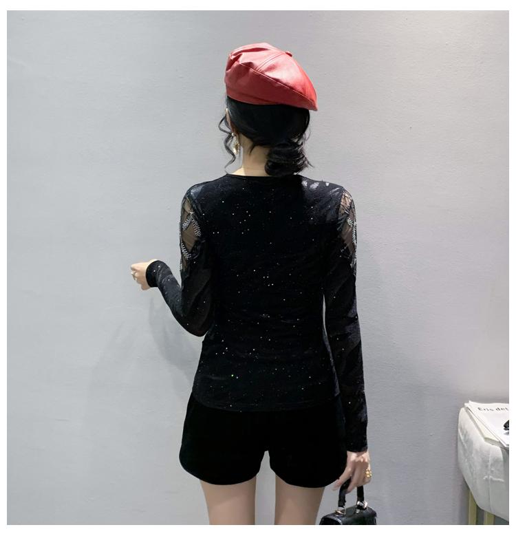 Product Introduction of FCBF-Áo lưới kim cương rỗng thời trang mới gợi cảm cổ chữ V dài tay quần lót thời trang nữ thu đông Top Voi Shirt Kem Women 20