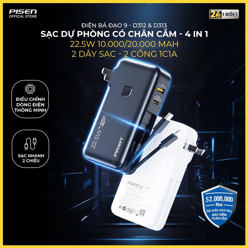 [PISEN] Sạc Dự Phòng Tích Hợp Chân Cắm 4in1, Điện Bá Đạo 9 Đa Năng, , Sẵn 2 Cáp Sạc Cho Iphone & Android | High Power Box 22.5W 10000 - 20000mAh | TS-D312 / TS-D313 | Bảo Hành 18 Tháng (PCARE + 6 Tháng) | Bảo Hiểm 2 Triệu Đô