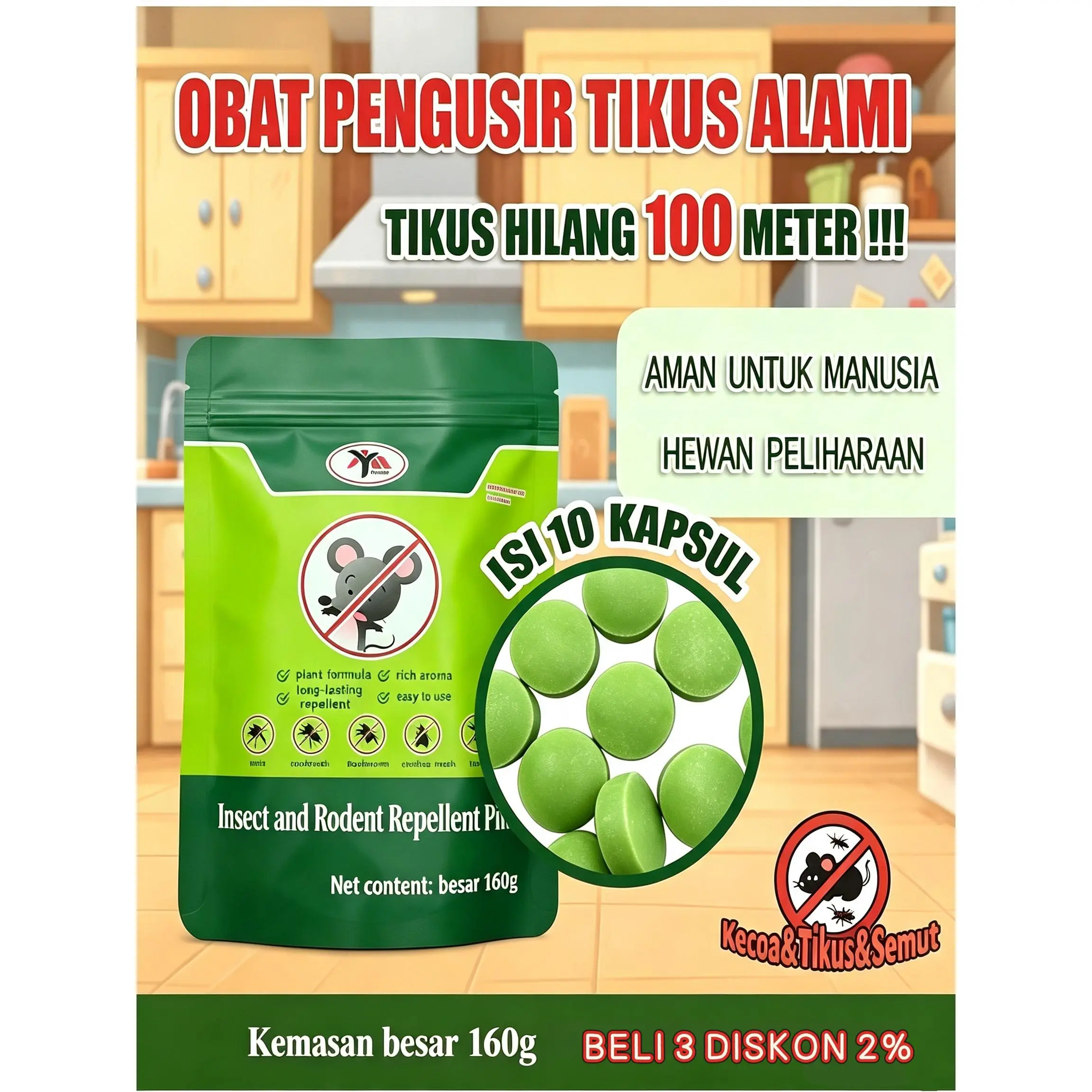 Pil pengusir tikus, satu pak berisi 10 kapur barus hijau tahan lama berefisiensi tinggi dalam ruangan mobil