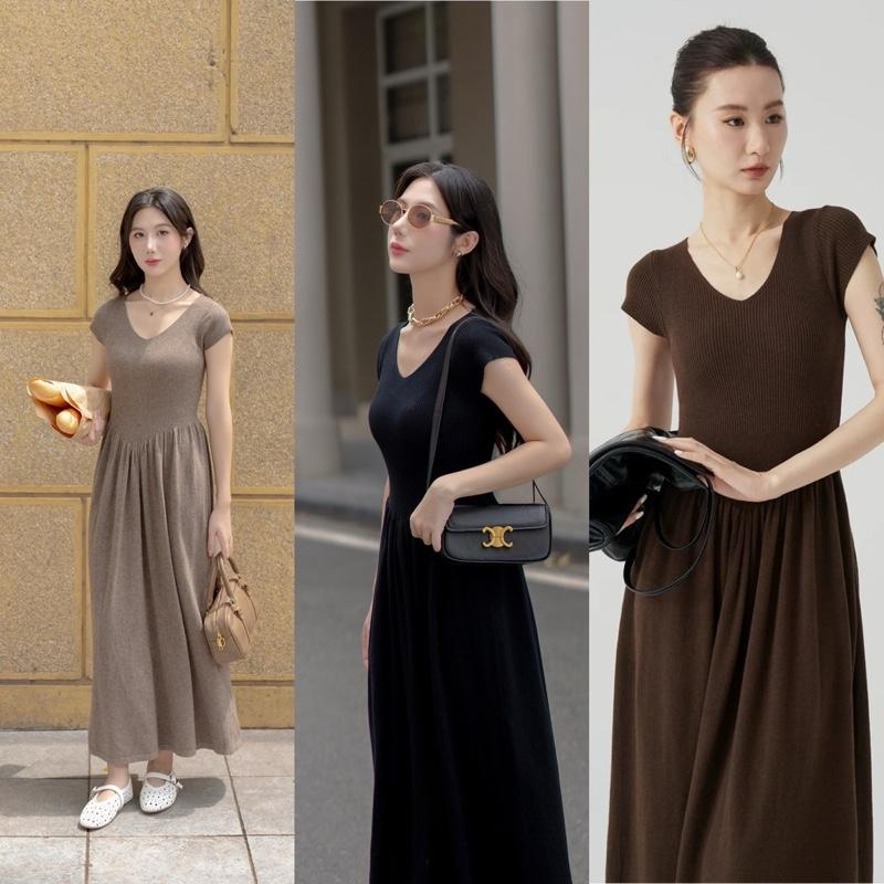 Petbychang - Váy len cổ tim dáng dài ngắn tay nhiều màu, kiểu dáng babydoll trẻ trung dễ mặc hàng ngày Nữ Dress