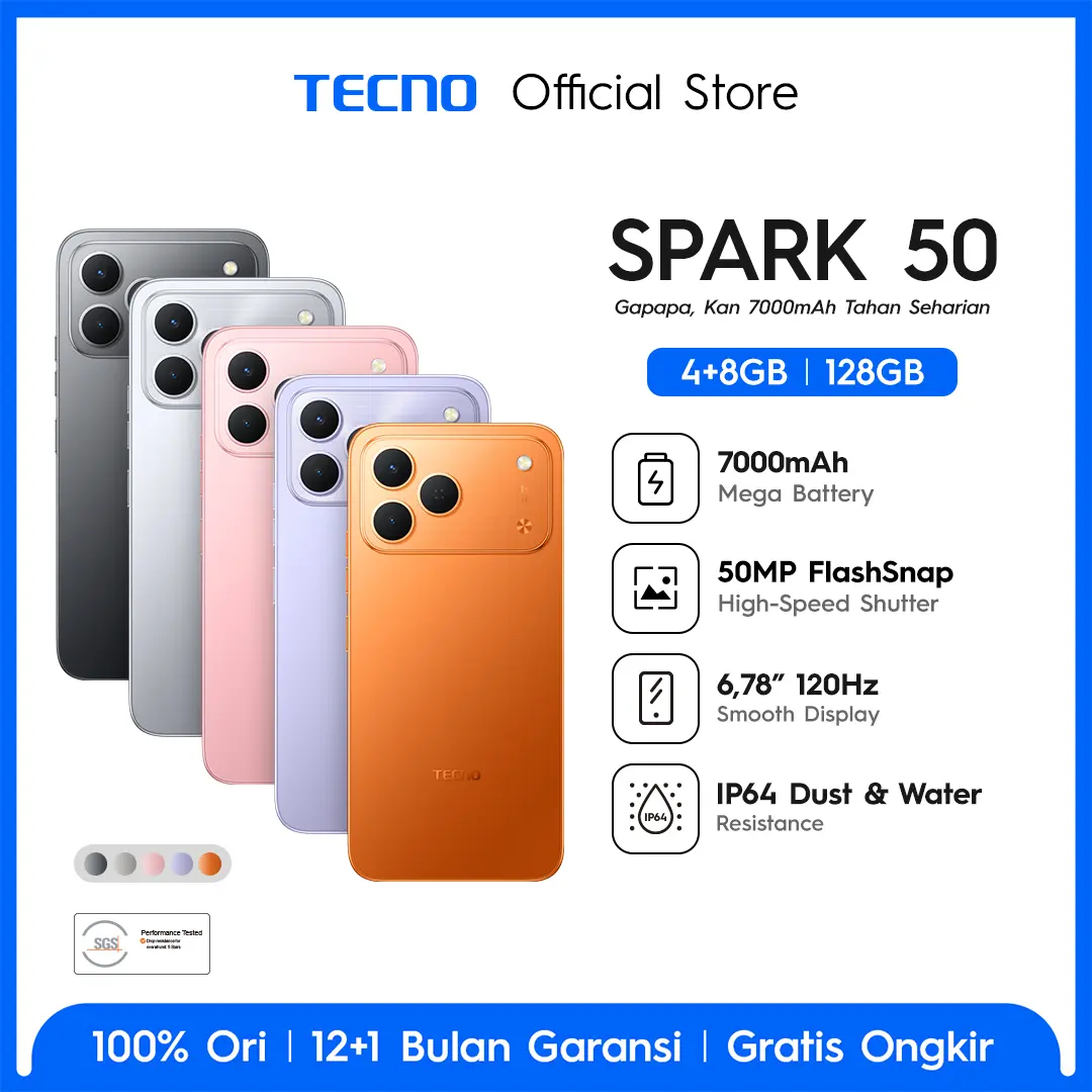 [Andriyadi] TECNO SPARK 50  - 4+8GB*/128GB, 7000mAh Mega Battery, 50MP AI Camera + FlashSnap, 120Hz 6.78" Smooth Display, IP64 High Durability - SPARK50