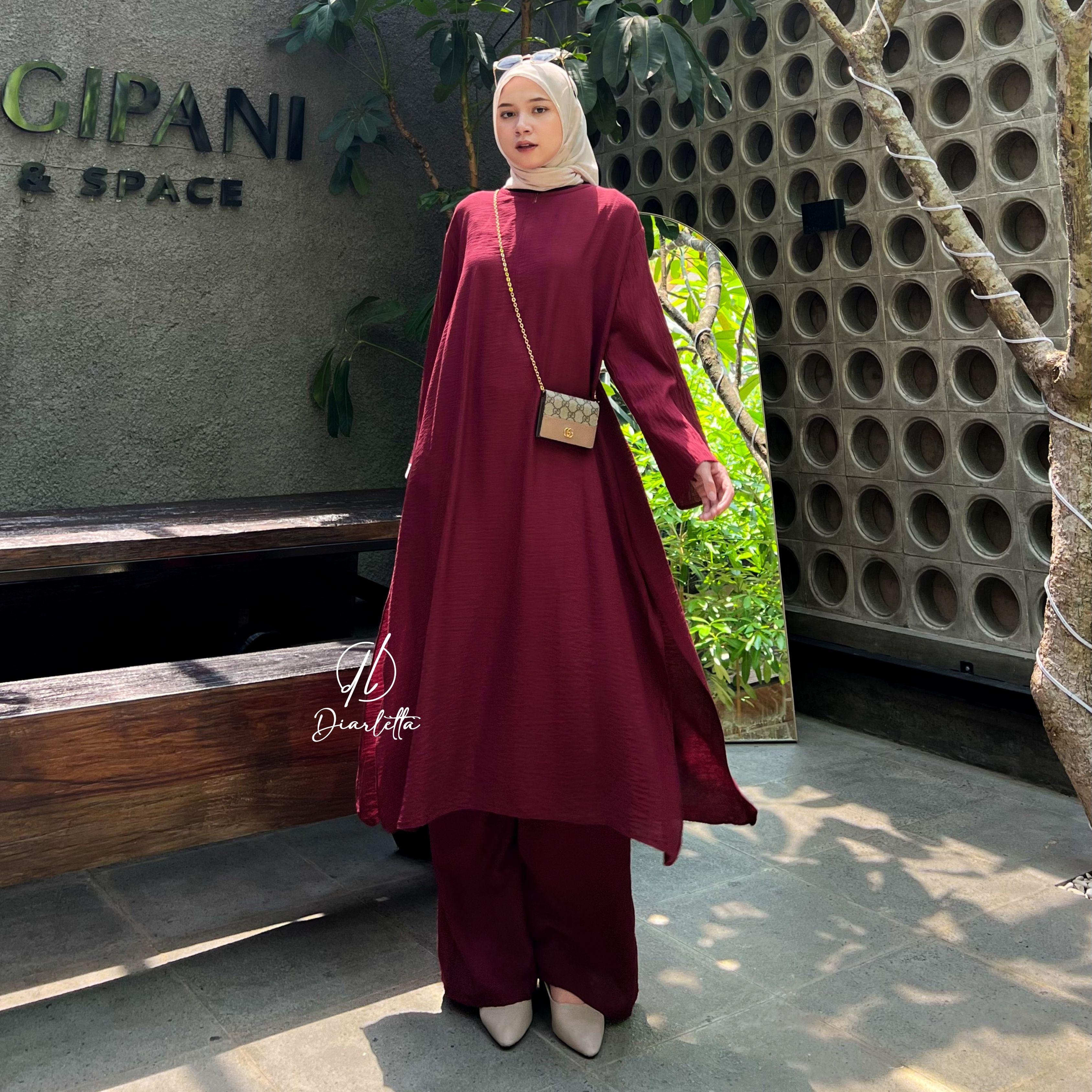 Zahwa Set Kulot Abaya Tunik Busui Friendly Polo Linen by Diarletta