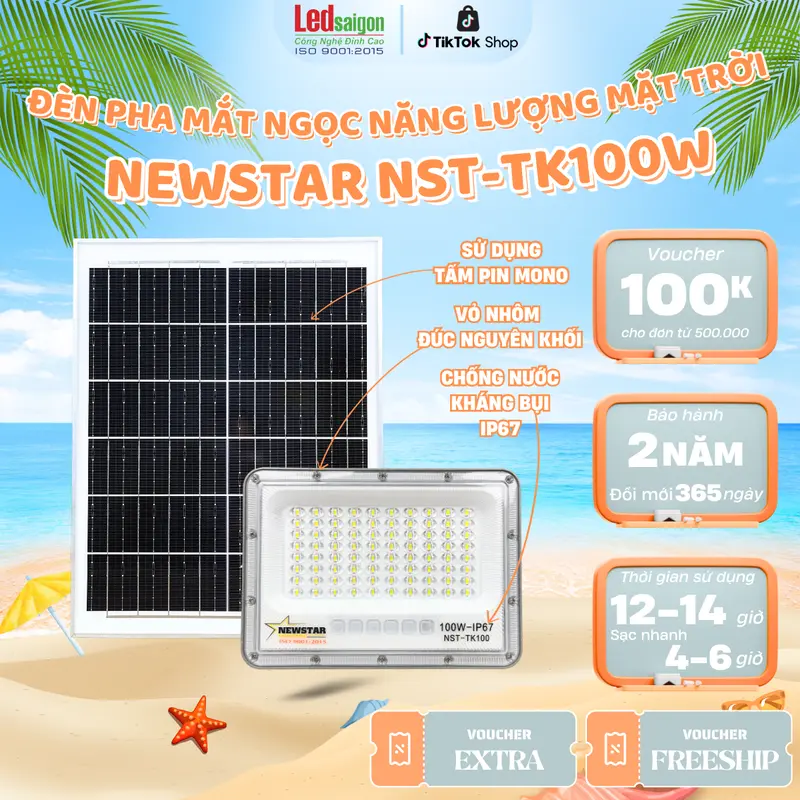 ĐÈN PHA NĂNG LƯỢNG MẶT TRỜI NST-TK100W,TẤM PIN MONO, SẠC NHANH 4-6 GIỜ, CHIẾU SÁNG 12-14 GIỜ, IP67, BẢO HÀNH 24 THÁNG 0