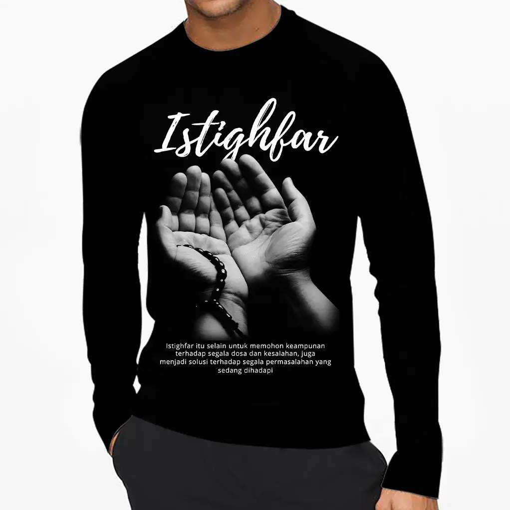 ISTIGHFAR | Kaos Oblong Tangan Panjang Pria Dewasa dengan Rib | Baju Distro Cowok Keren Ukuran Standar | Sablon | Produk Lokal | EXITO APPAREL
