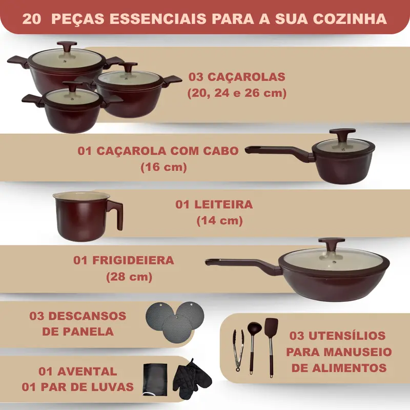 Jogo De Panela Omega Cerâmica Premium 20 Peças - Antiaderente