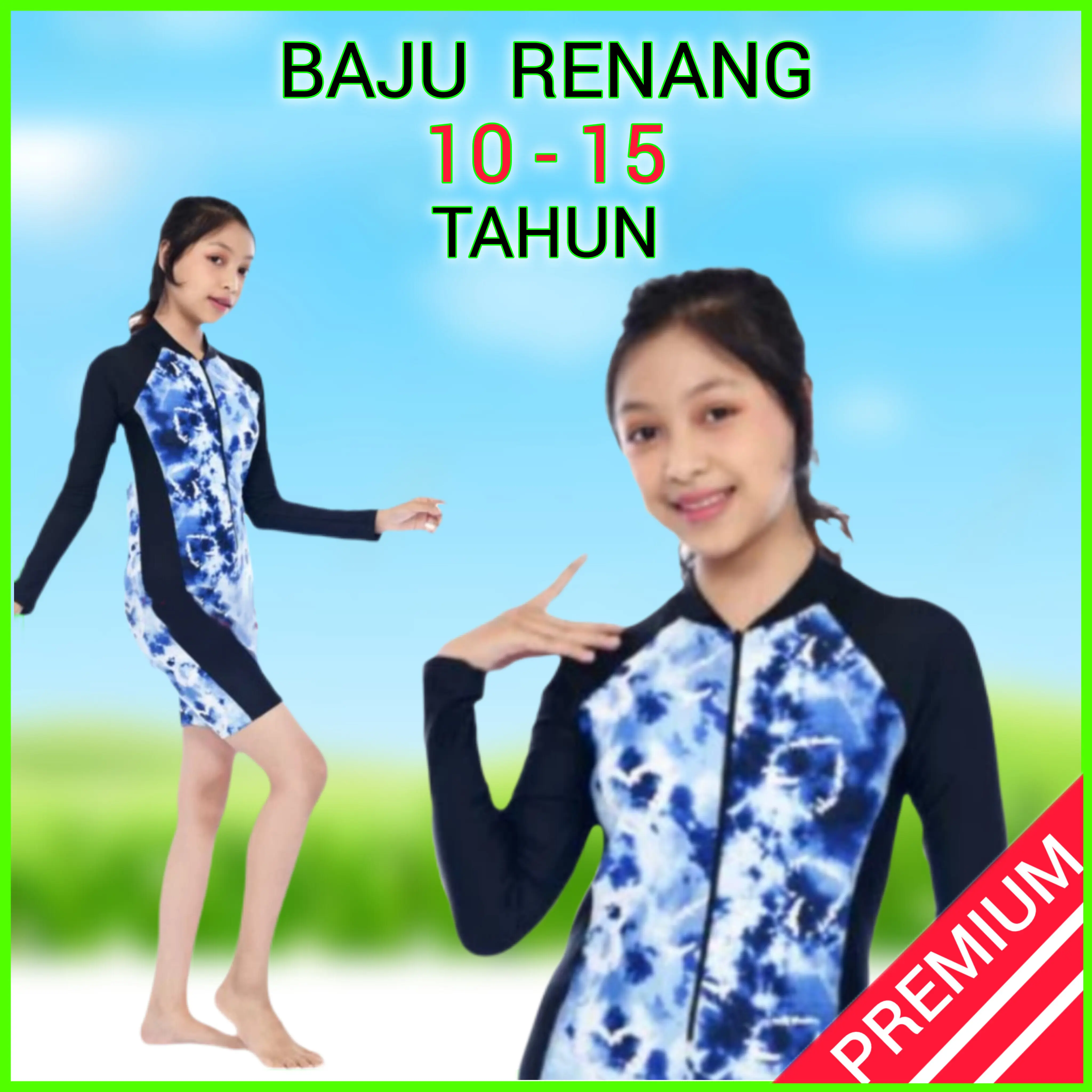 10-15 Tahun Baju Renang Anak Perempuan Lengan Panjang Model Terusan Celana Pendek Pakaian Berenang/Daving Cewek Umur Usia SD SMP ABG Remaja Tanggung Bahan Spandek Premium Motip Cantik Terbaru One Piece Murah 11 12 13 14