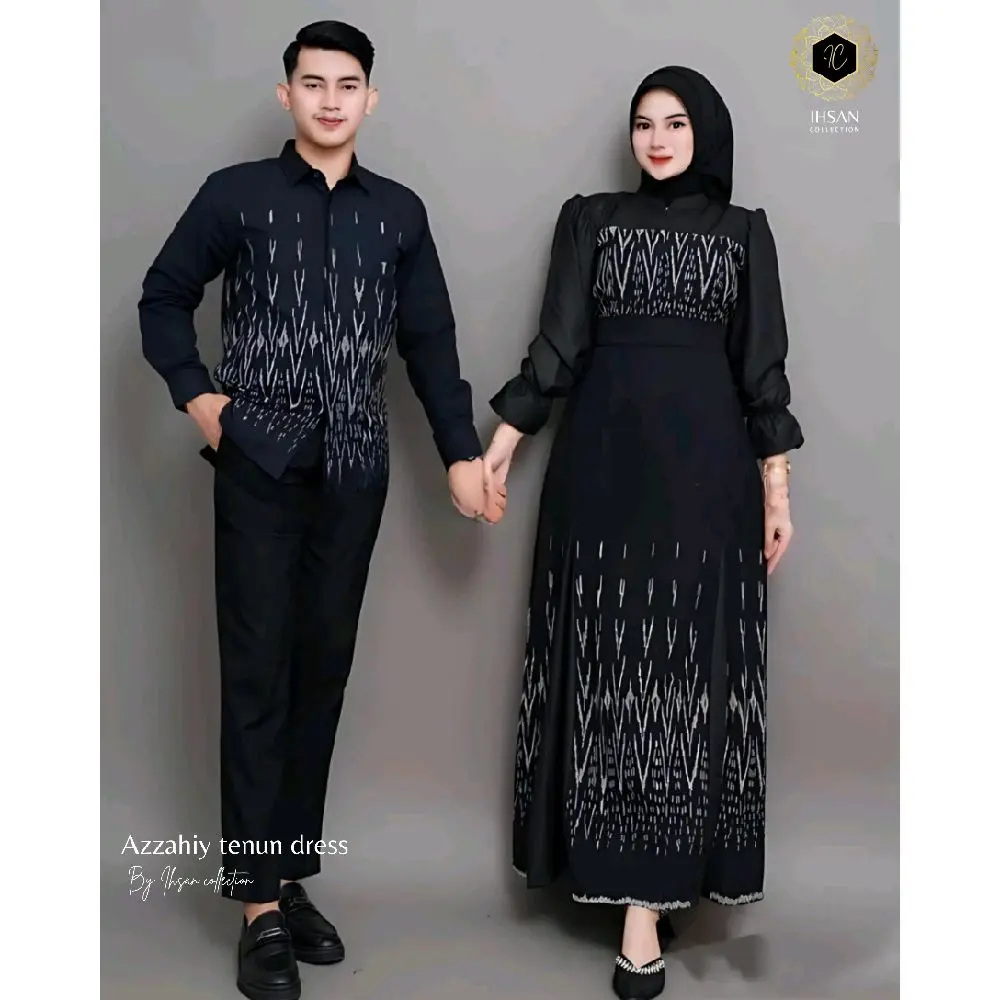 Baju Couple Ihsan Collection Tenun Warna Hitam Motif Rumput - Atasan, Katun, Sarimbit, Ibu, Setelan, Batik, Wanita, Gamis, Muslim, Dewasa ( baju lebaran 2025)