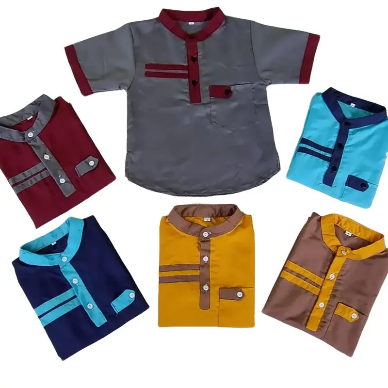 setelan baju koko anak laki-laki lengan pendek Katun Polos Kancing Muslim Peci Turki Kurta Nyaman 3
