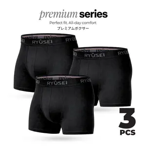 Ryusei Boxer Katun Spandex 3 Pcs - Black Collection | Jahitan Seamless