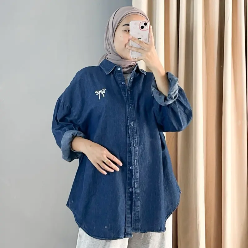 Anyostore AT77 Atasan Kemeja Jeans Oversize Wanita Jumbo Bahan Denim 0