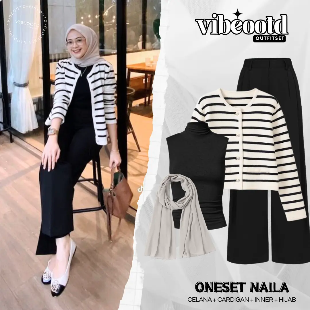Safia Outfit Set Wanita Hijab ( Bawahan Celana Loose Pants Jennie Hitam Panjang + Atasan Cardigan Garis Stripe + Inner Turtleneck + Bella Square ) Setelan Ootd Casual | One Set Simple Hangout | Fit Set Nyaman Remaja Muslim