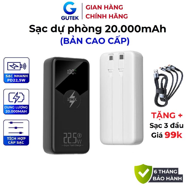   Tặng sạc 3 đầu  Pin sạc dự phòng 20000mAh sạc nhanh 22,5W tích hợp dây cáp - Gutek GT229 