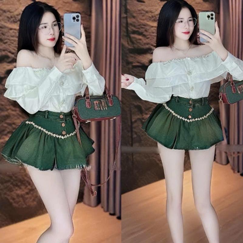 Sét váy nữ. thiết kế áo voan trễ vai tay dài váy jean có lót trong sang chảnh dành cho các nàng diện đi chơi đi tiệc