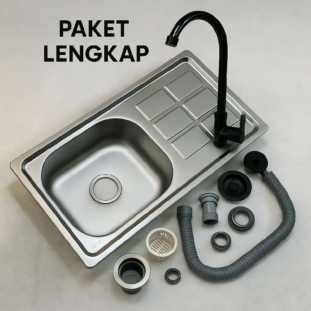 Paket Lengkap Sink Kran Angsa Selang Murah Bak Cuci Piring - Kitchenware  size 75 X 40bStainless