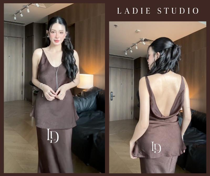  Set Áo Dây Cổ V Hở Lưng Cùng Chân Váy Dáng Dài Xoè Thanh Lịch SET01 Ladie Studio 