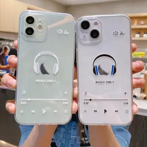 Softcase TPU Bening Transparan Bergambar Motif Headset Musik Only For iPhone 11 12 13 14 15 PRO MAX X XS XSMAX XR 7/8 PLUS MINIi