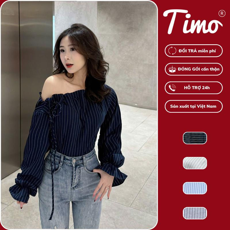 Hot Trend 2025 Áo sơmi lệch vai Áo sơmi lệch vai dài tay có dây tăng chỉnh mặc nhiều kiểu cách điệu chun eo tôn dáng chất liệu tuýt si kẻ sọc AOT208