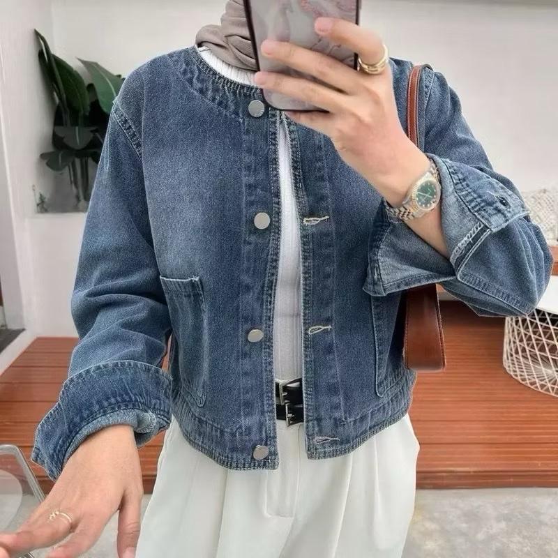 Keki Jacket Jeans Semi Crop Wanita Jaket Panjang Oversize Kancing 1