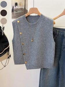 Chaleco de punto para mujer con cuello redondo y botones frontales en color sólido, ajuste holgado casual, top de punto lindo y a la moda para primavera, verano y otoño, tops de verano para mujer, prenda de punto para mujer, chaleco suéter para mujer