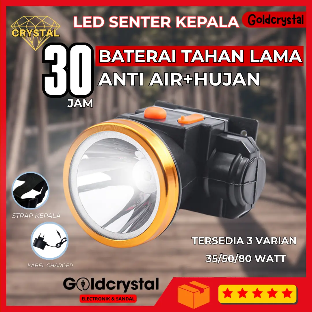 SIVITECH Senter Kepala LED Cahaya Putih Kuning 35W/50W/80W Tahan 30 Jam Terang Baterai Charger Anti Air Hujan dengan Strap Kepala & Kabel Charger