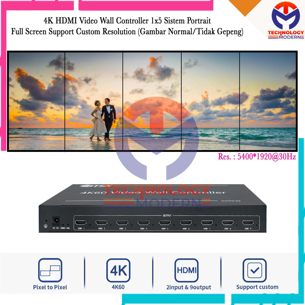 4K HDMI Video Wall Controller 1x5 Portrait Layout Full Screen Support Custom Resolution (Gambar Normal/Tidak Gepeng)