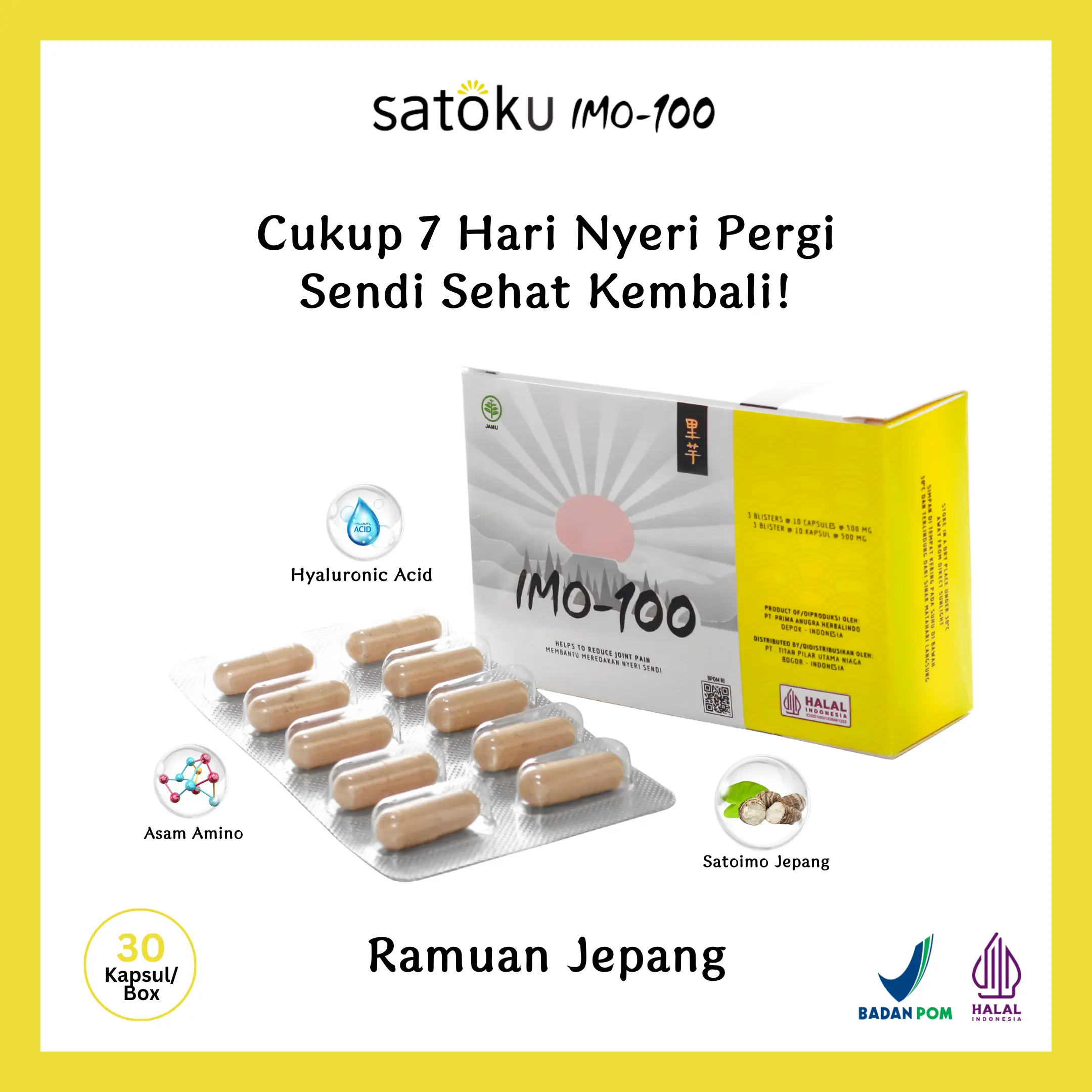 [2 BOX] Satoku Imo-100 Ramuan Jepang Satoimo dengan Hyalurnoic Acid 12,3% & 17 Asam Amino Isi 60 Kapsul
