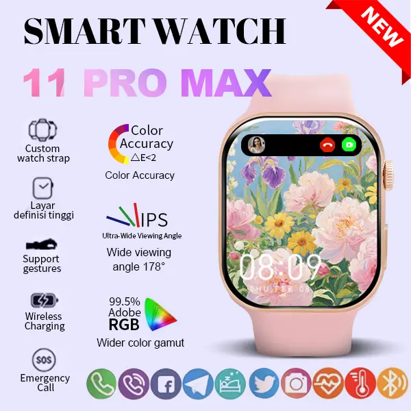 Smartwatch 11 Pro Max Asli Baru Layar AMOLED HD 2,3 Inci Tahan Air Panggilan Bluetooth Pengisian Nirkabel Pemantauan Detak Jantung Fitur Premium Jam Tangan Elegan untuk Gaya Hidup Aktif
