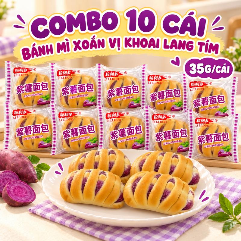 Combo 10 Cái Bánh Mì Xoắn Vị Khoai Lang Tím 35g/Cái – Bánh Nhỏ Mềm Xốp, Thơm Bùi, Ăn Sáng & Ăn Vặt