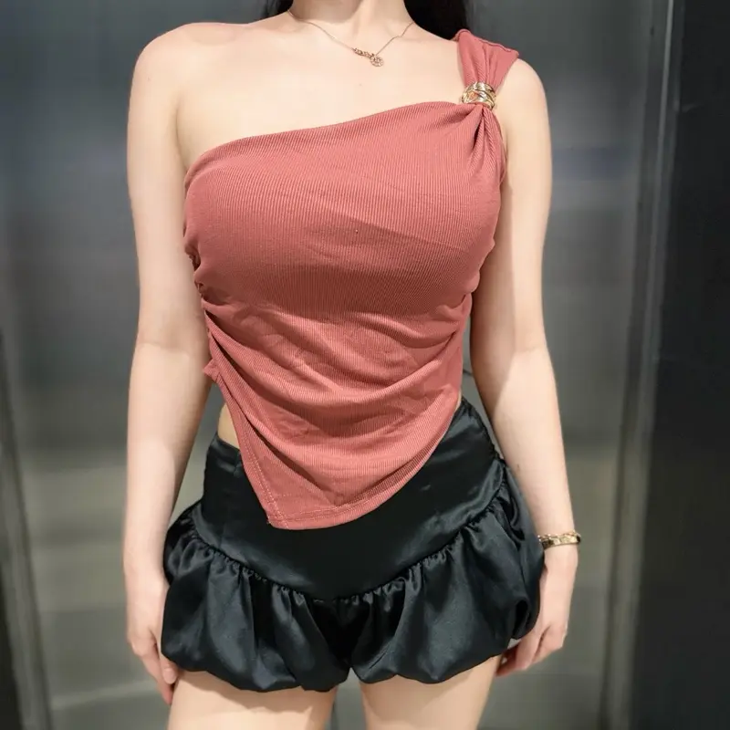 Luxia Bross Atasan Wanita One Shoulder Bahan Lembut Baju Crop Stylish variasi 19