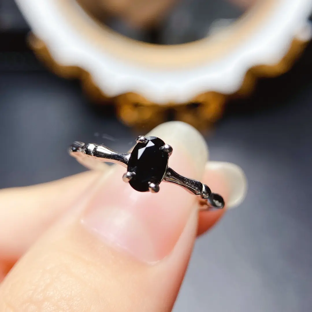 002 S925 Natural Black Spinel Ring Silver Women's Jewelry Main Stone 4*6