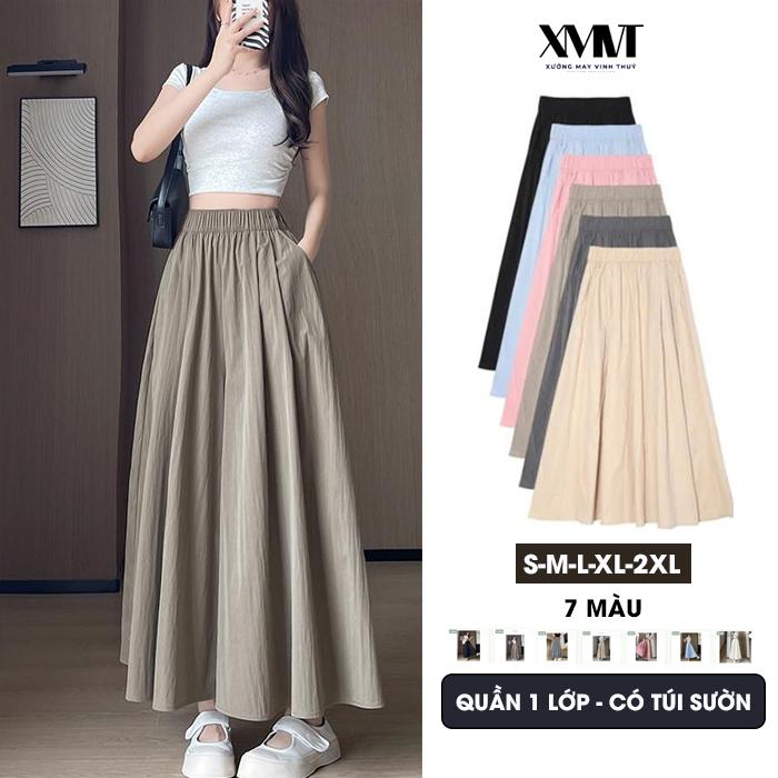 Quần Váy Dài Ống Rộng Cạp Chun Chất Gió Nhăn ,dài 90cm big size Túi Sườn mặc mùa hè xuân thu đông màu ghi đen nâu be hồng xanh ,quần ống siêu rộng quần hottrend QG101