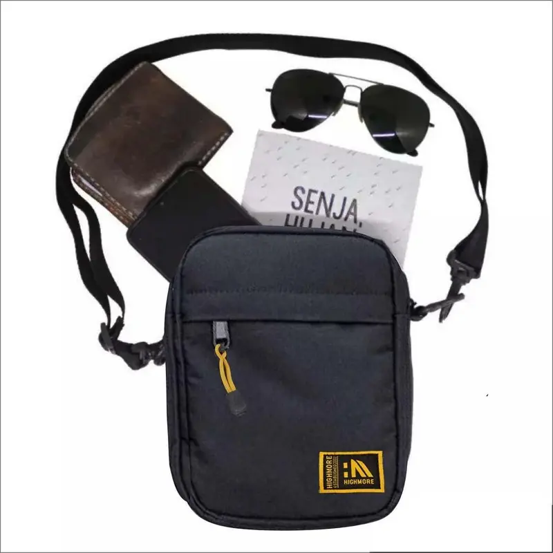Highmore Perfect Bundling Tas Selempang Pria Tali Bisa Diatur Bonus Dompet Slingbag Kanvas  Waistbag Hitam 2