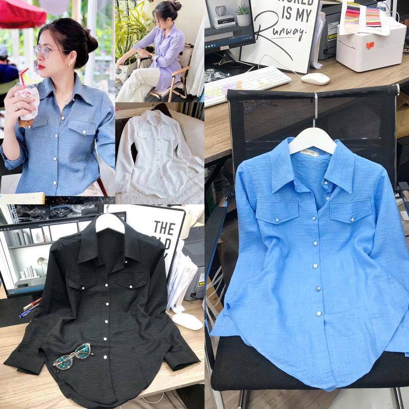 MS280: “Áo sơ mi tay dài phối túi kiểu vạt bầu hack dáng. Bigsize 40-95kg’.