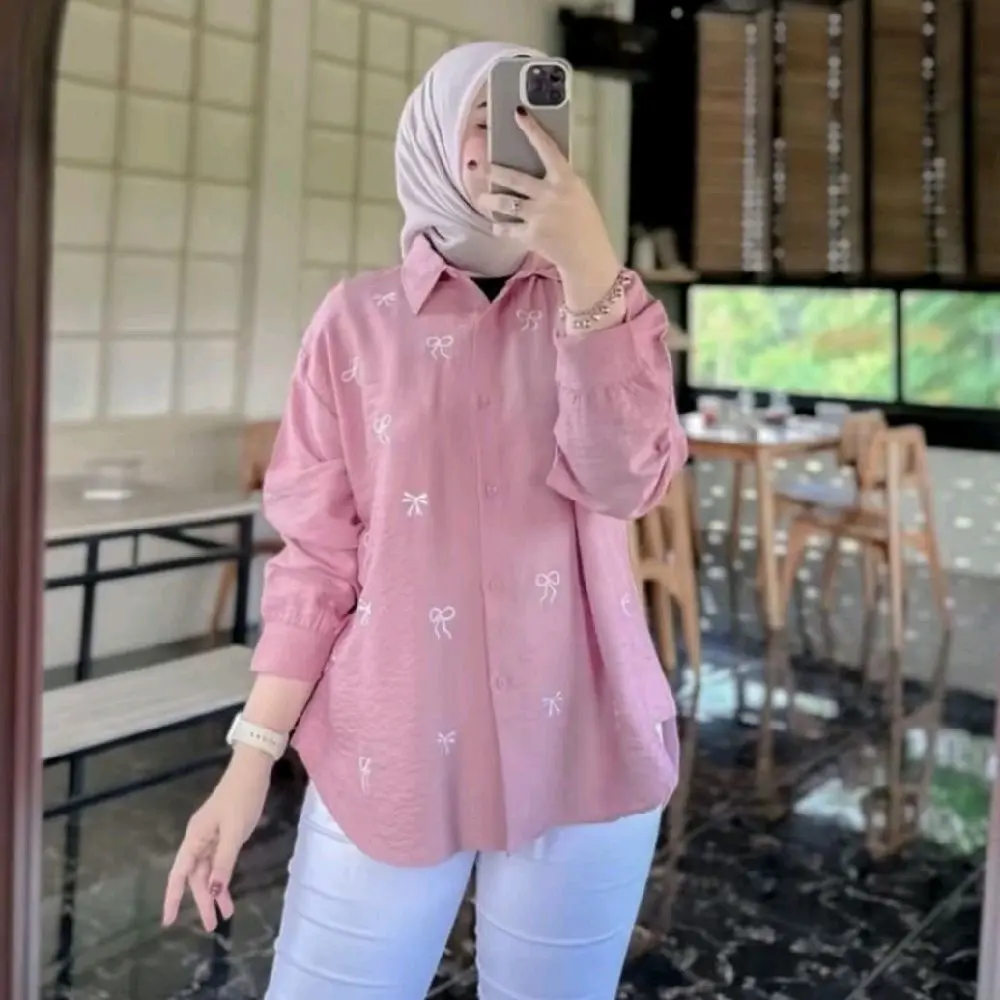 Kemeja Bordir Pita Atasan Blouse Wanita Pololinen Korean Style Kancing