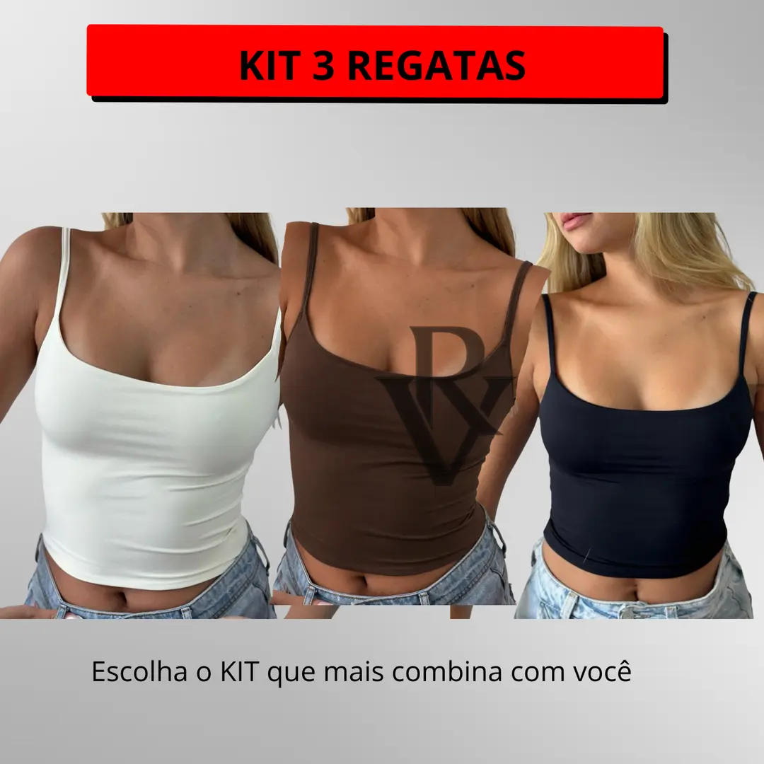 Kit 3 Blusa Regata Feminina Suplex Alça Fina Cropped Tube Básica Alcinha Blusinha