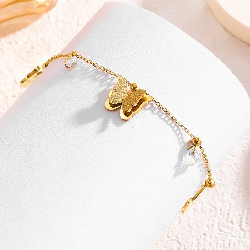 GK21 - Gelang Kaki Diana Bentuk Tiga Butterfly Gold Titanium Steel Model Korea Anti Karat 2