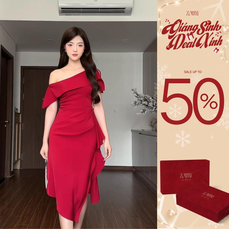  ZAMY SHOP - Váy TK lệch vai vạt bèo xẻ đầm đi tiệc đẹp cho nữ đầm dáng dài váy đi ăn đám cưới 