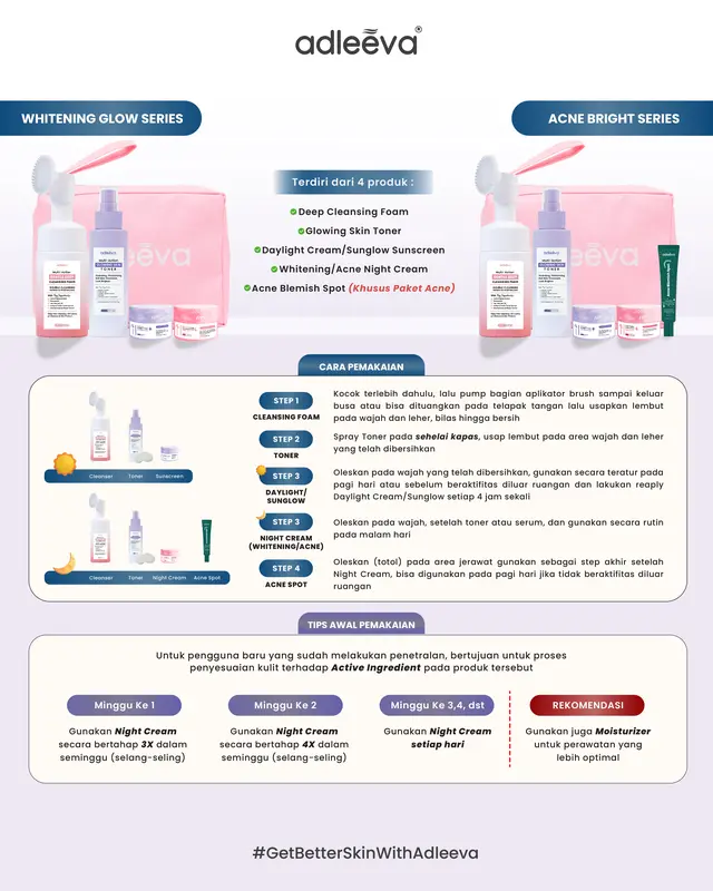 ADLEEVA - [Paket Pemula ISI 4] WHITENING Glow Booster / ACNE Bright Series Basic - Mencerahkan bantu samarkan flek hitam, Paket perawatan kulit berjerawat dan bekas jerawat secara maksimal BPOM HALAL 1